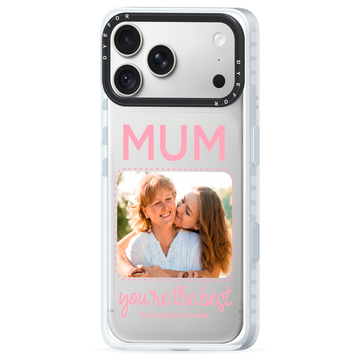 Long Distance Mothers Day Photo iPhone 18 Pro Max Black Impact Pre order Case Side Angle on Silver phone