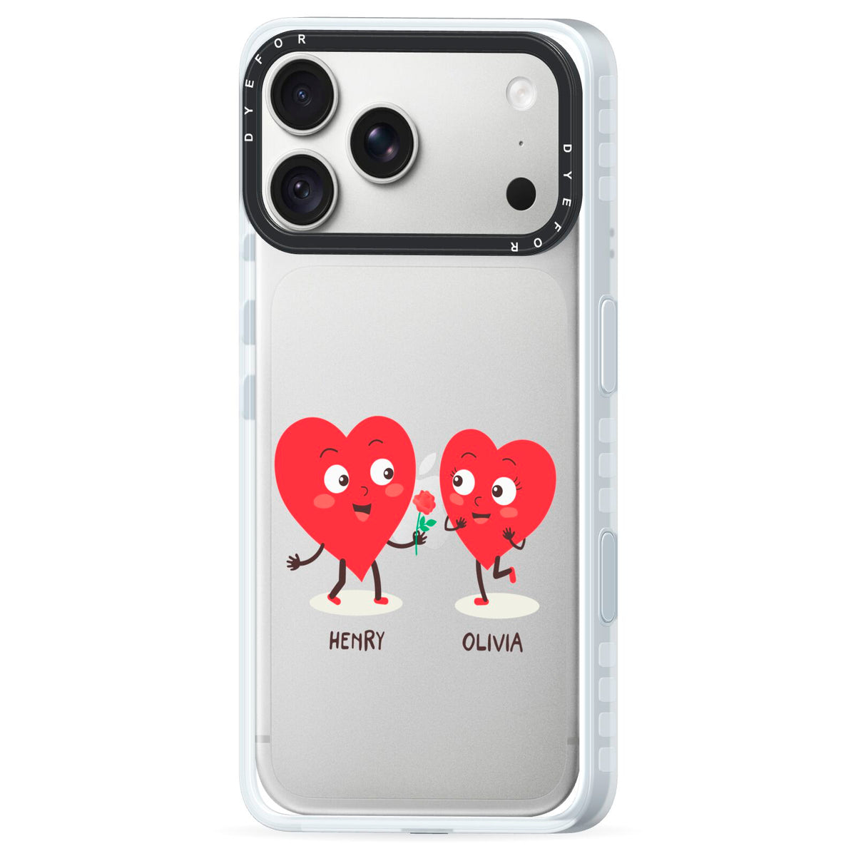 Love Heart Couples Custom iPhone 18 Pro Black Impact Pre order Case Side Angle on Silver phone