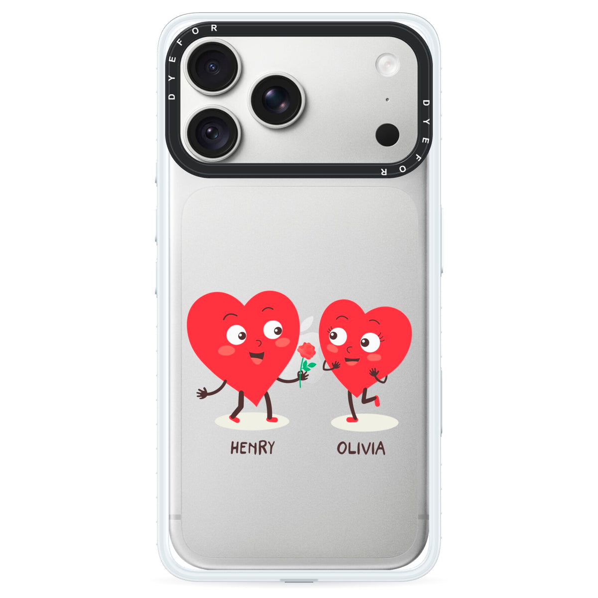 Love Heart Couples Custom iPhone 18 Pro Black Impact Pre order Case on Silver phone