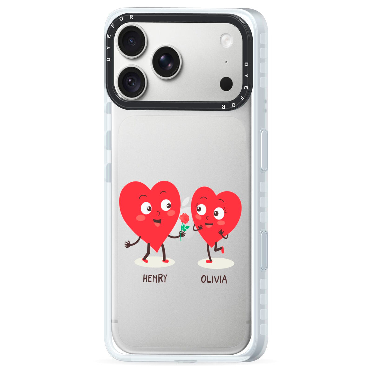 Love Heart Couples Custom iPhone 18 Pro Max Black Impact Pre order Case Side Angle on Silver phone