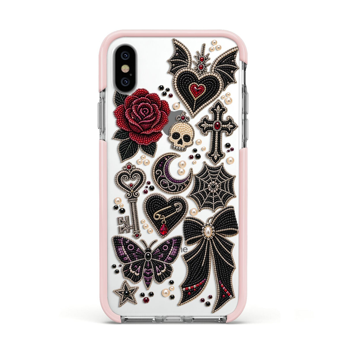 Love Thorns Charms Apple iPhone Xs Impact Case Pink Edge on Silver Phone