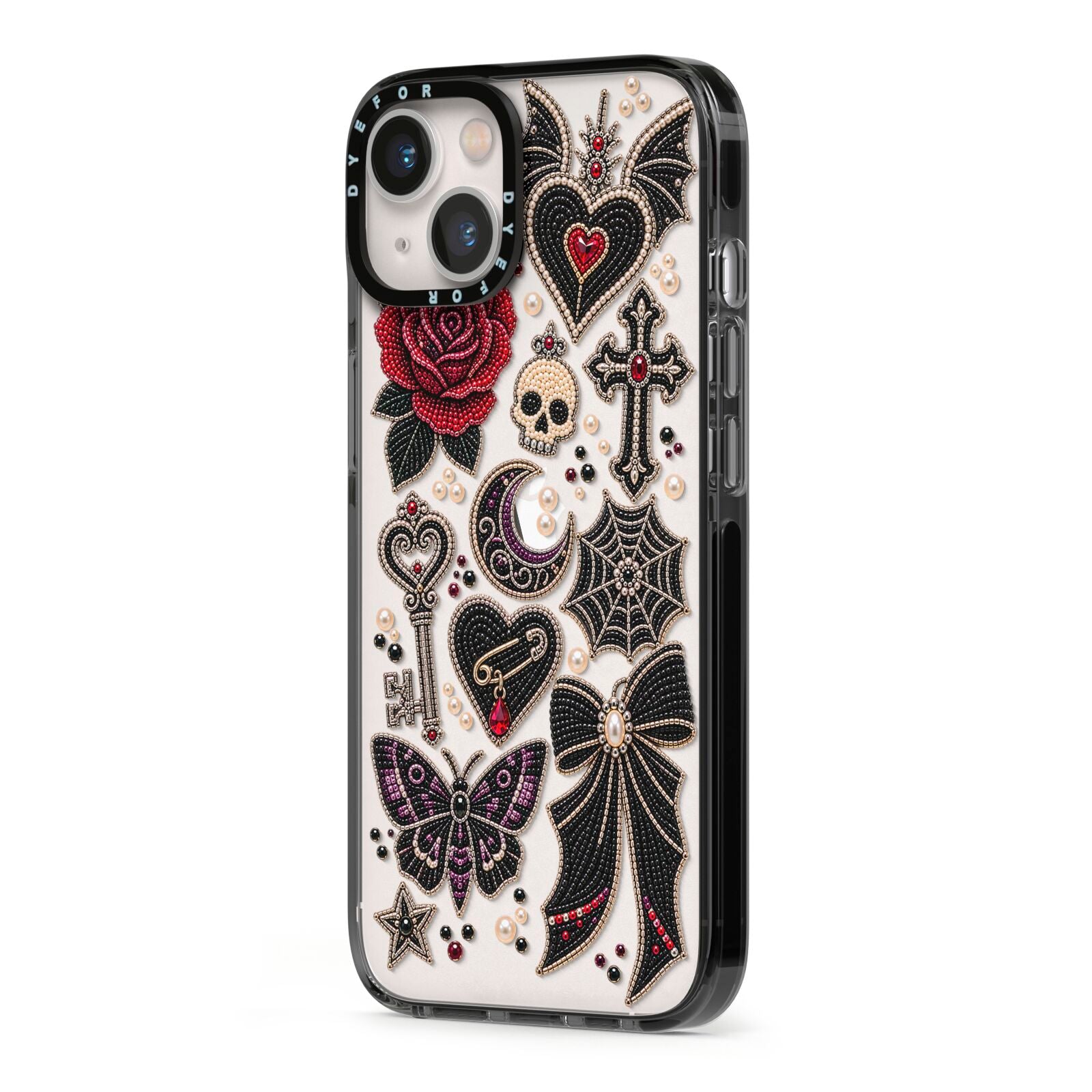 Love Thorns Charms iPhone 13 Black Impact Case Side Angle on Silver phone