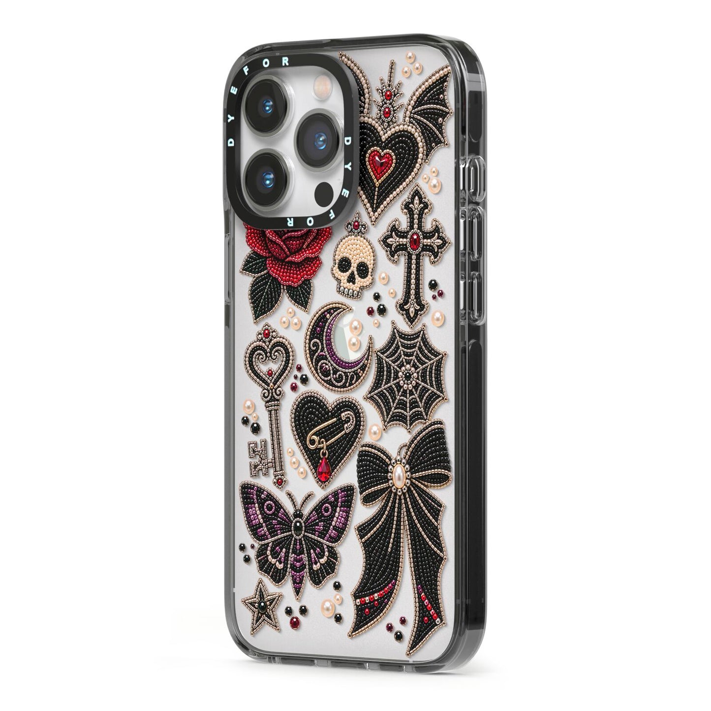 Love Thorns Charms iPhone 13 Pro Black Impact Case Side Angle on Silver phone