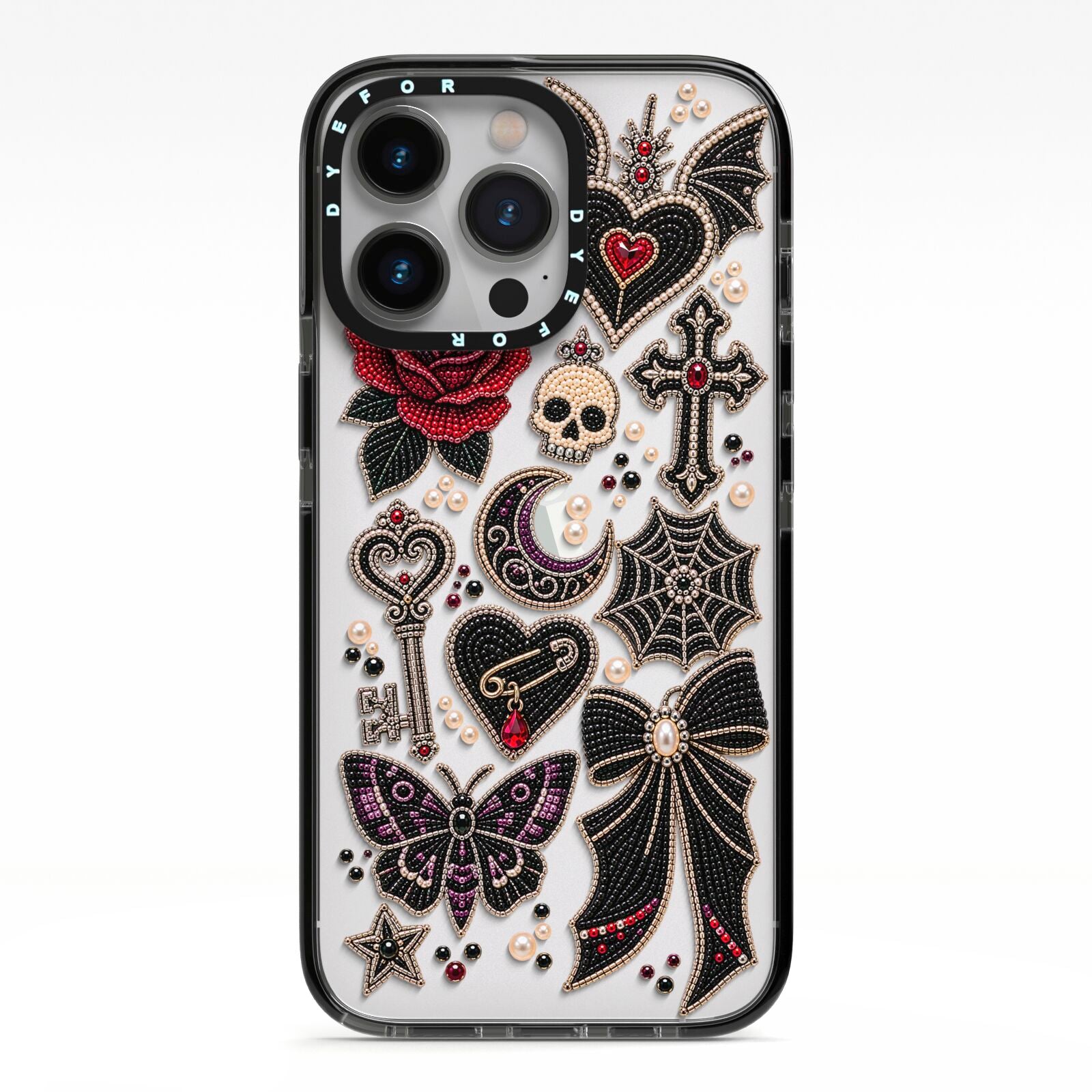Love Thorns Charms iPhone 13 Pro Black Impact Case on Silver phone