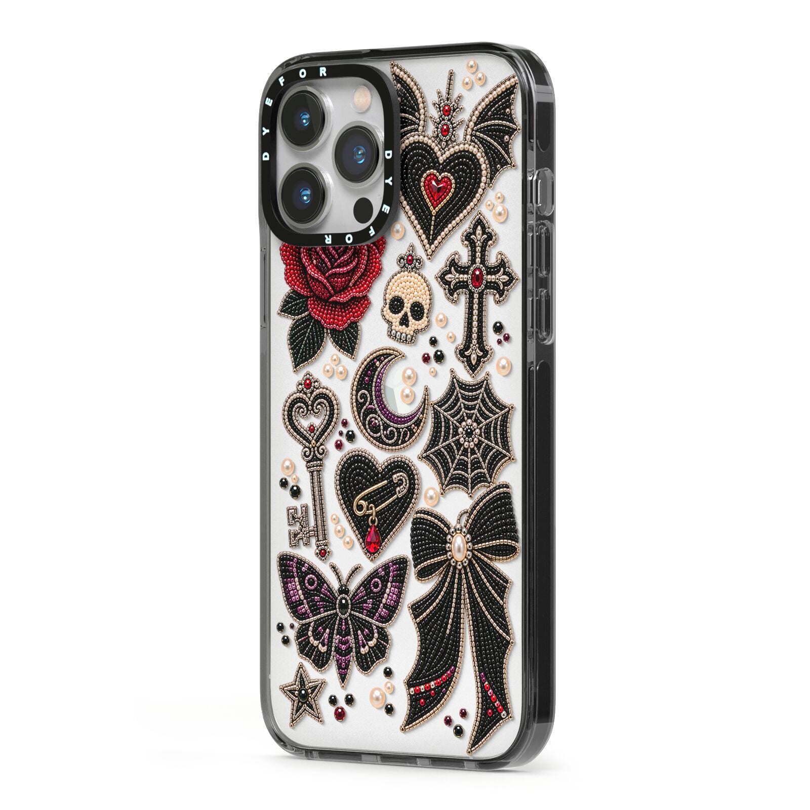 Love Thorns Charms iPhone 13 Pro Max Black Impact Case Side Angle on Silver phone