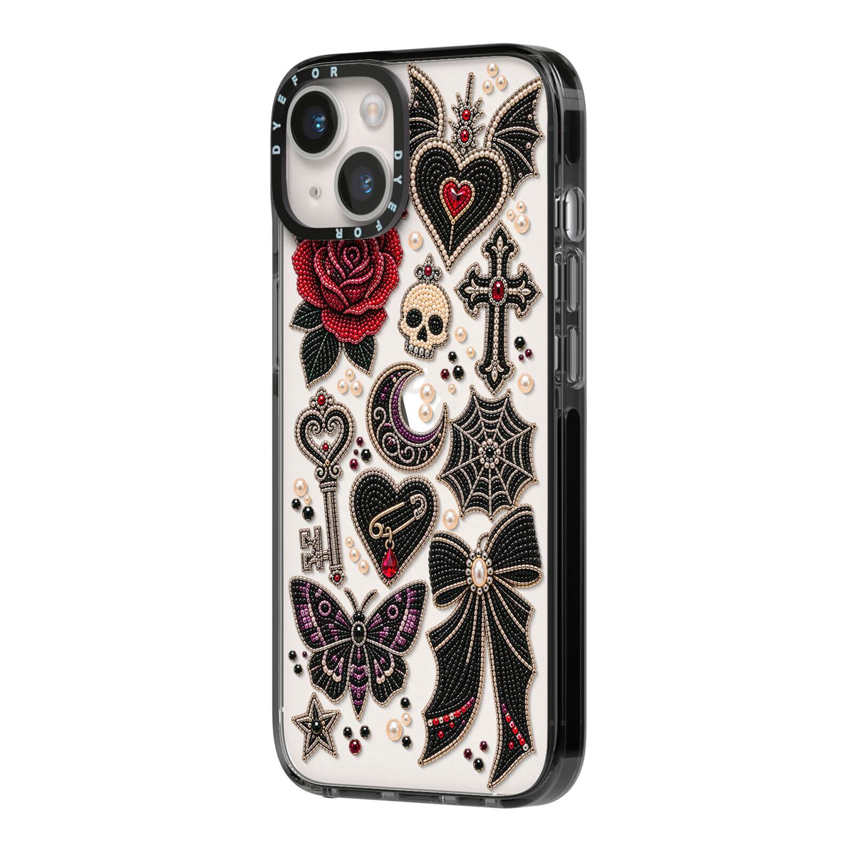 Love Thorns Charms iPhone 14 Black Impact Case Side Angle on Silver phone
