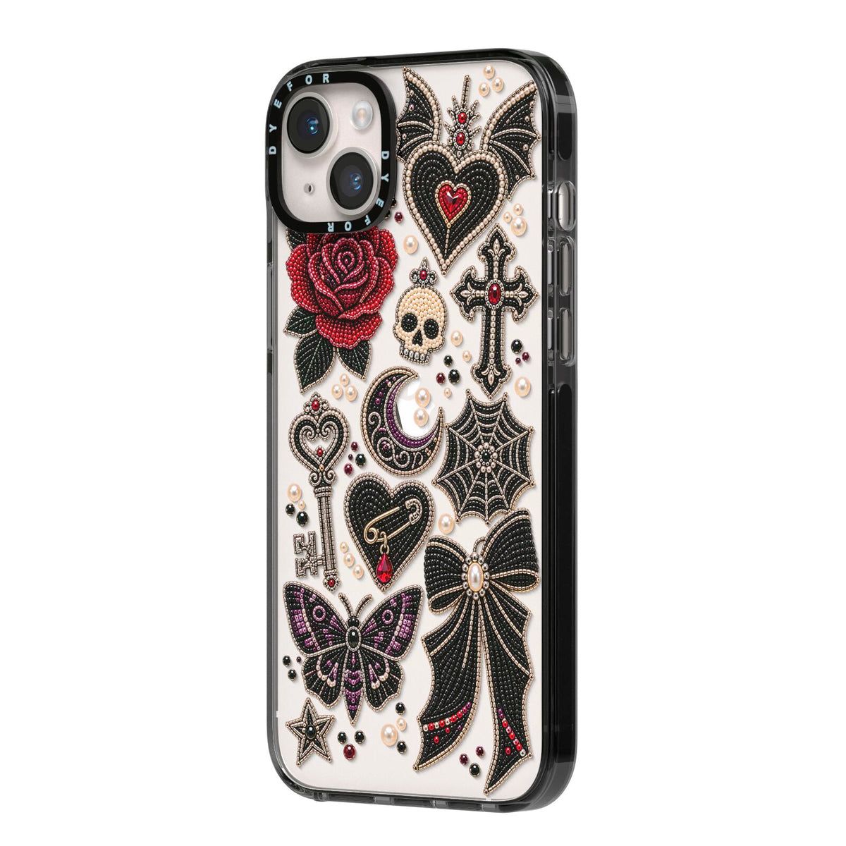 Love Thorns Charms iPhone 14 Plus Black Impact Case Side Angle on Silver phone