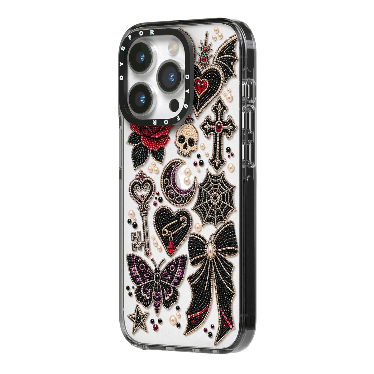 Love Thorns Charms iPhone 14 Pro Black Impact Case Side Angle on Silver phone