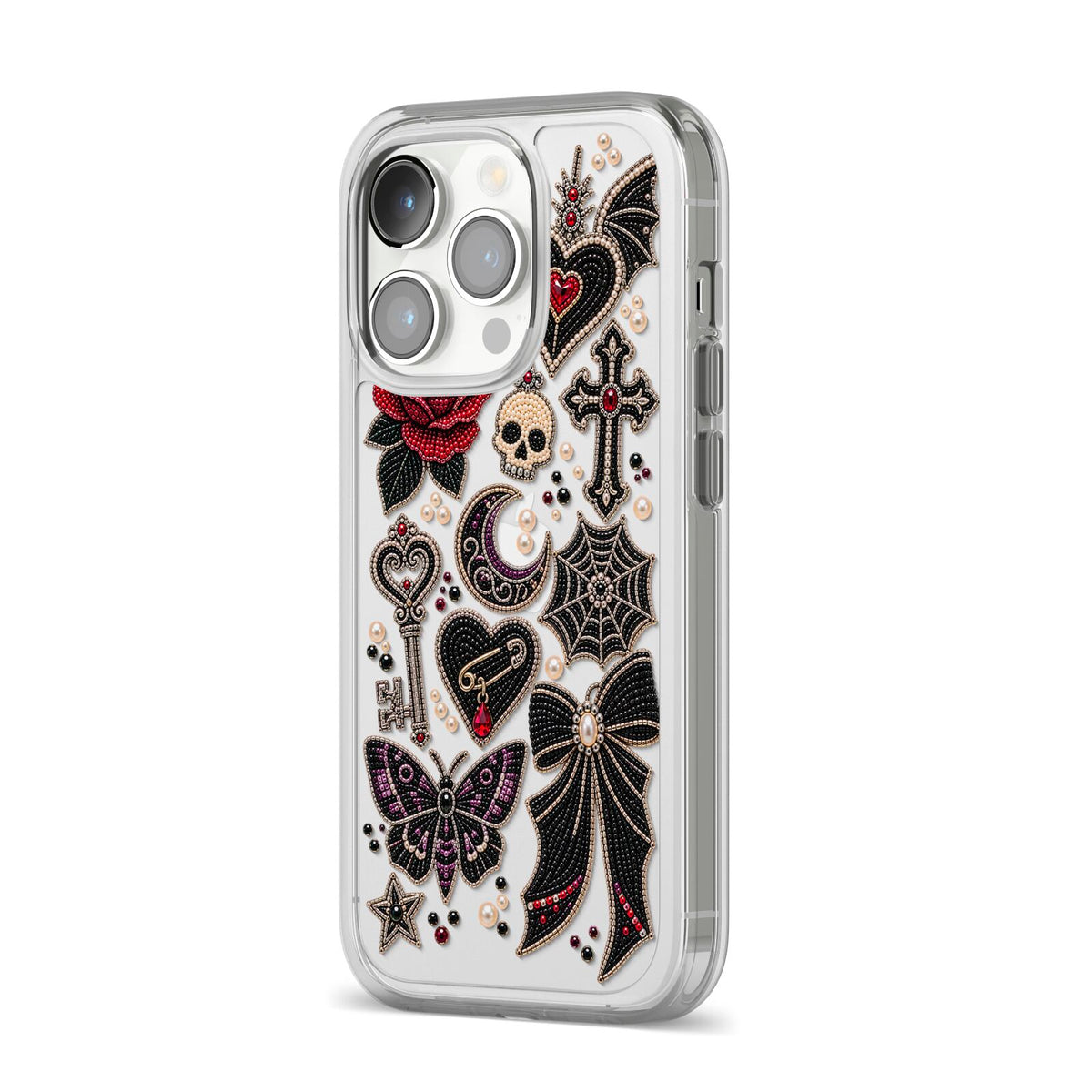Love Thorns Charms iPhone 14 Pro Clear Tough Case Silver Angled Image