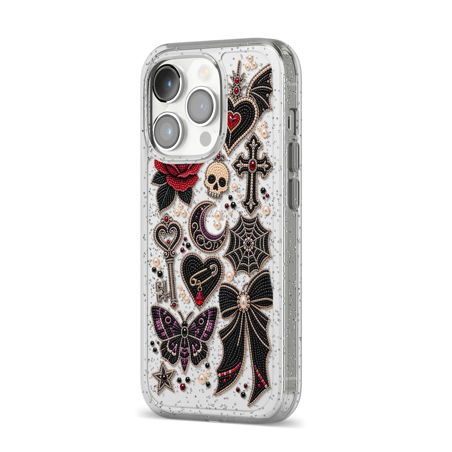 Love Thorns Charms iPhone 14 Pro Glitter Tough Case Silver Angled Image