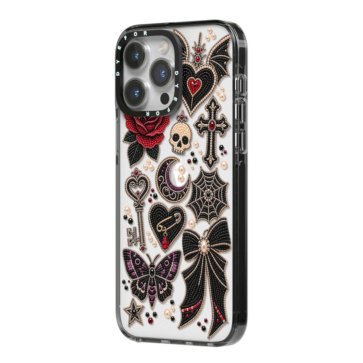 Love Thorns Charms iPhone 14 Pro Max Black Impact Case Side Angle on Silver phone