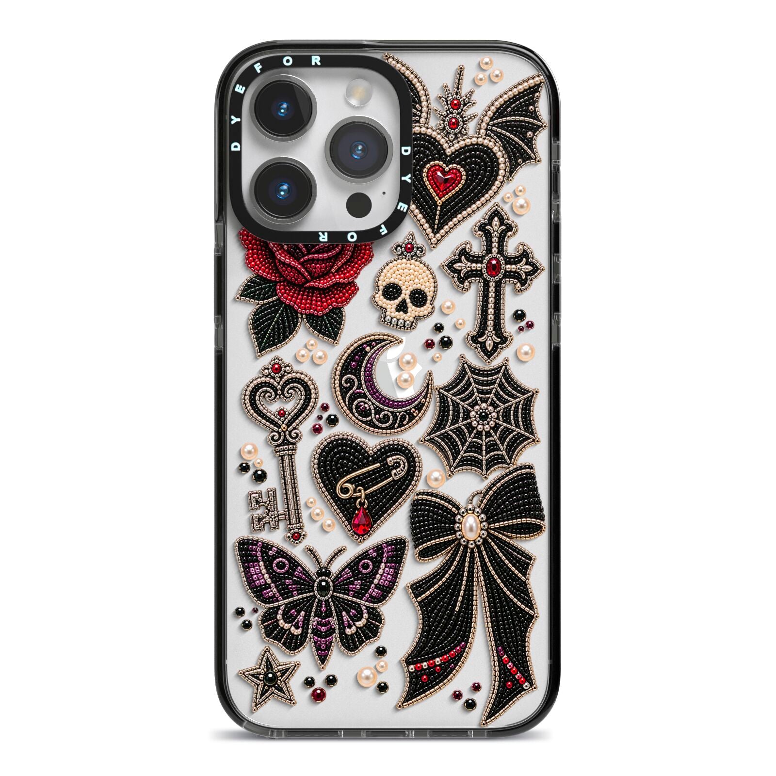 Love Thorns Charms iPhone 14 Pro Max Black Impact Case on Silver phone