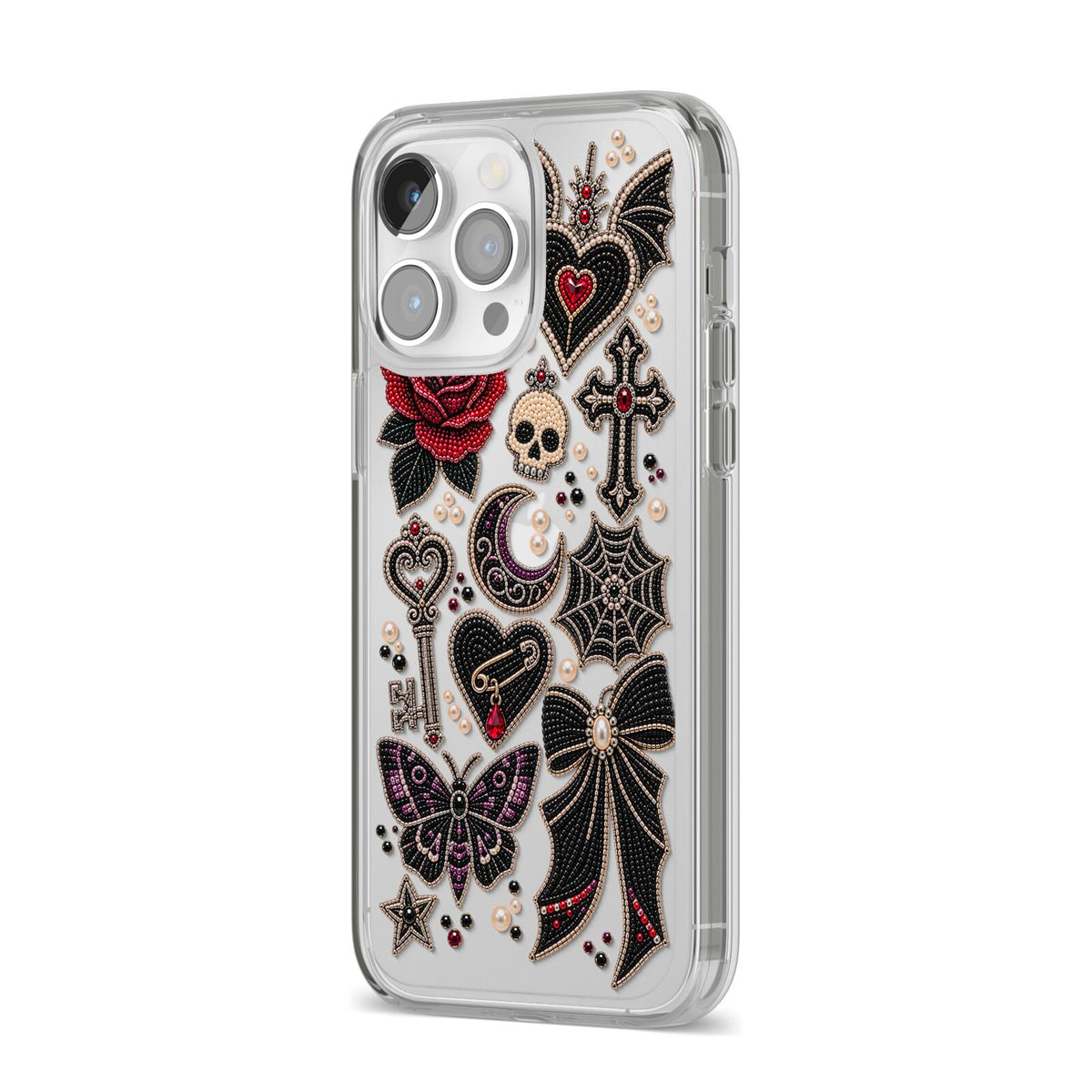 Love Thorns Charms iPhone 14 Pro Max Clear Tough Case Silver Angled Image