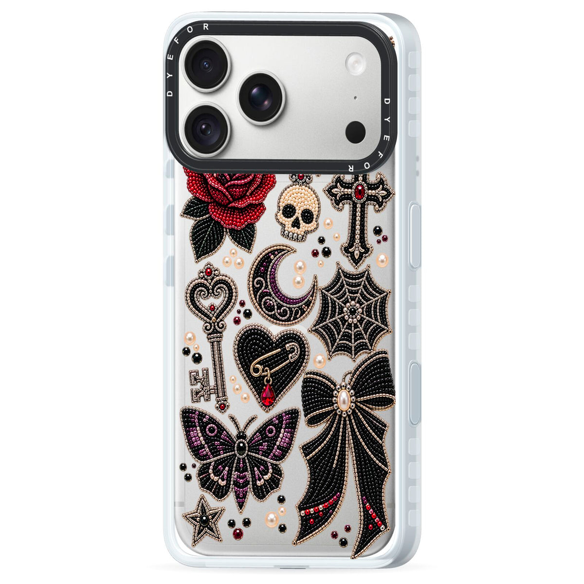 Love Thorns Charms iPhone 18 Pro Black Impact Pre order Case Side Angle on Silver phone