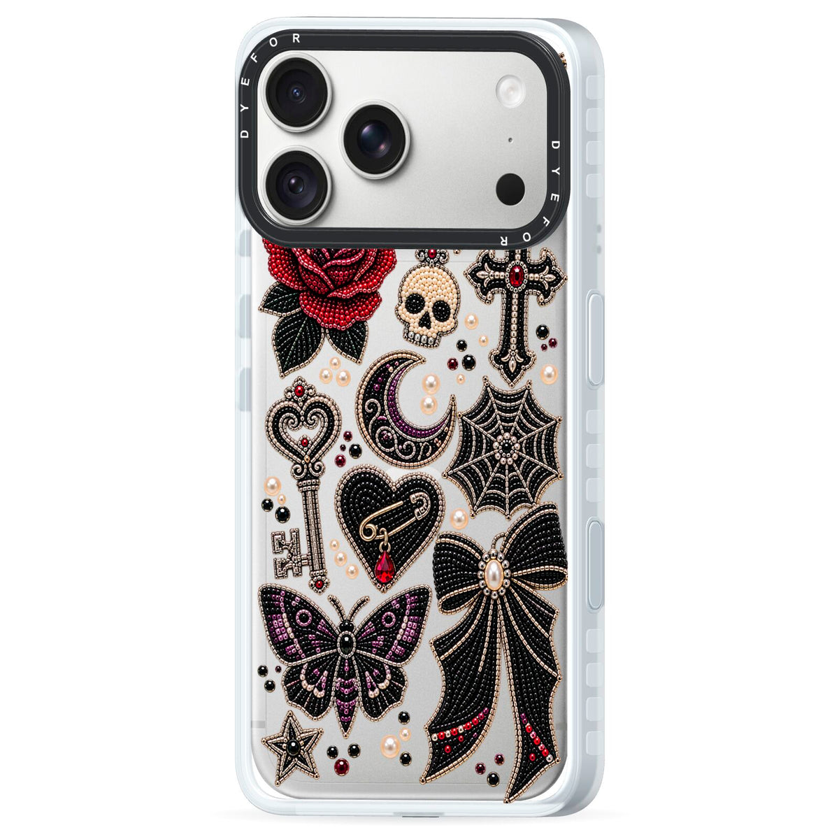 Love Thorns Charms iPhone 18 Pro Max Black Impact Pre order Case Side Angle on Silver phone