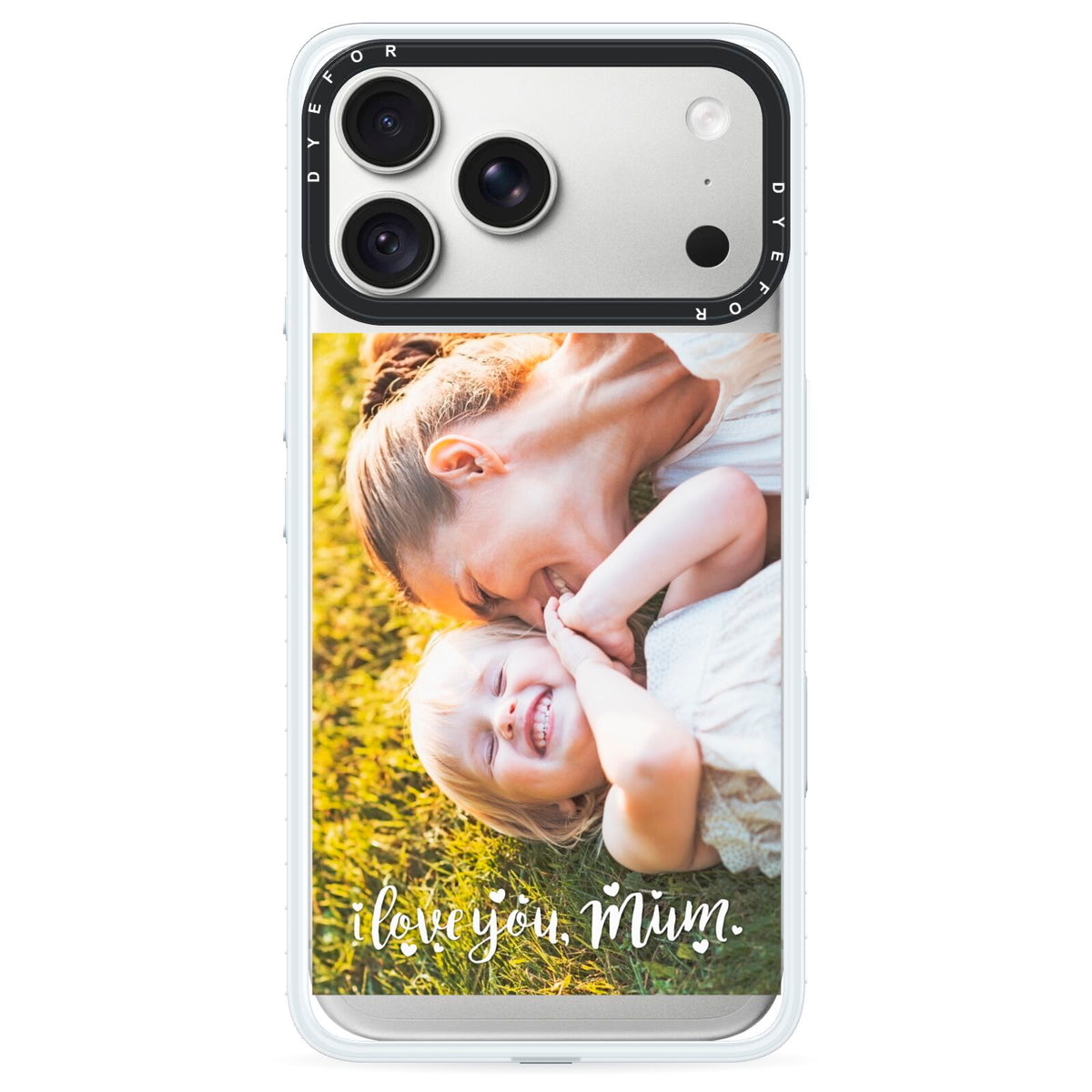 Love You Mum Photo Upload iPhone 18 Pro Black Impact Pre order Case on Silver phone