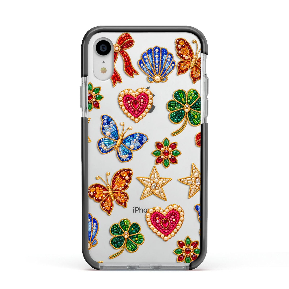 Lucky Keepsakes Beaded Charm Apple iPhone XR Impact Case Black Edge on Silver Phone