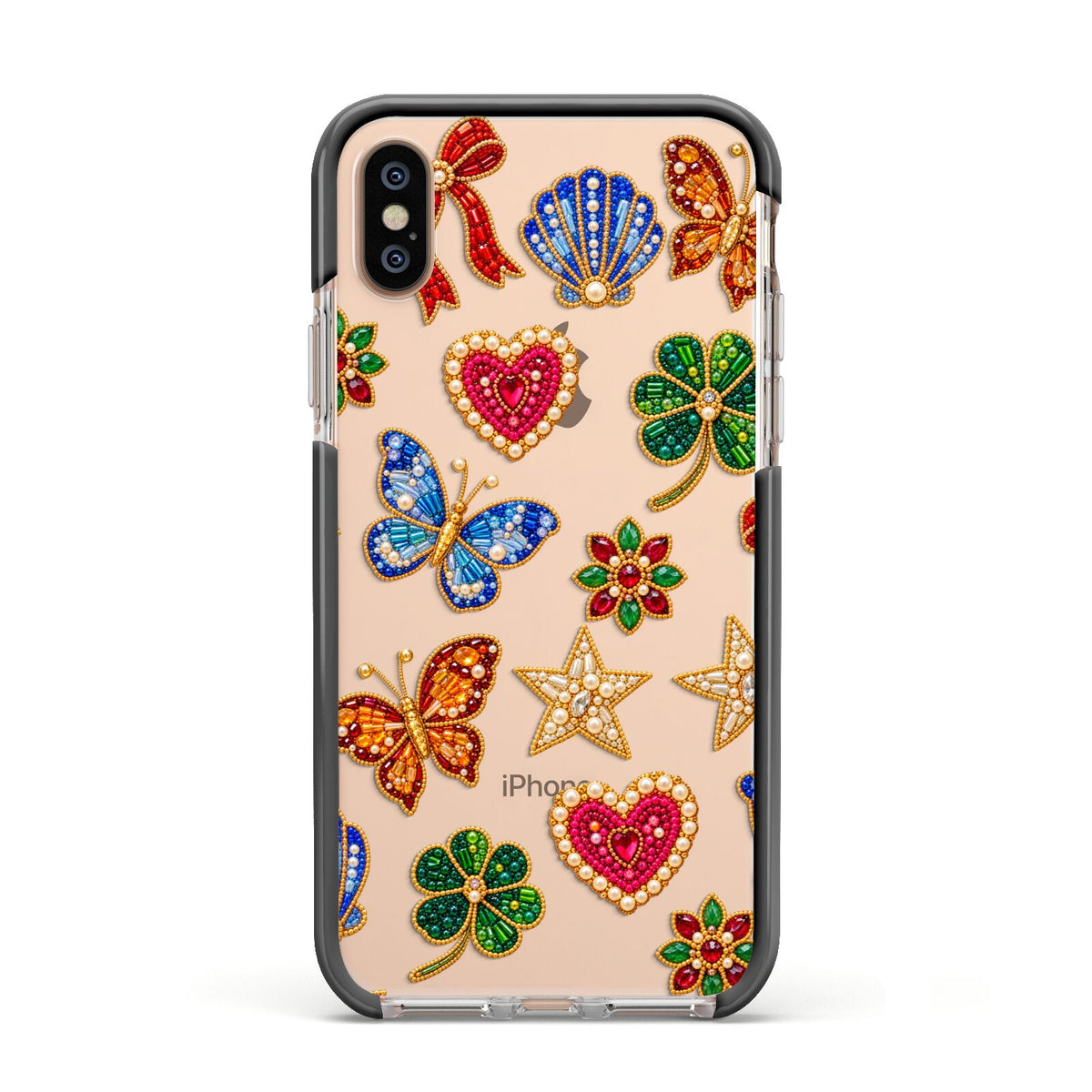 Lucky Keepsakes Beaded Charm Apple iPhone Xs Impact Case Black Edge on Gold Phone