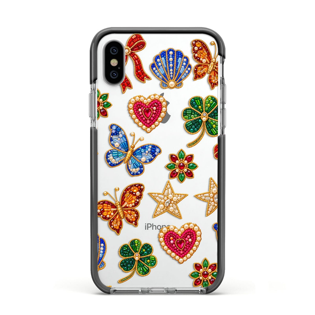Lucky Keepsakes Beaded Charm Apple iPhone Xs Impact Case Black Edge on Silver Phone