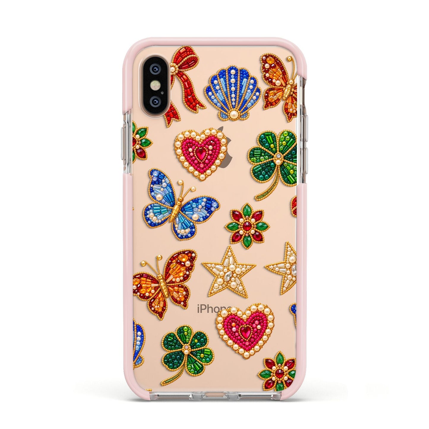 Lucky Keepsakes Beaded Charm Apple iPhone Xs Impact Case Pink Edge on Gold Phone