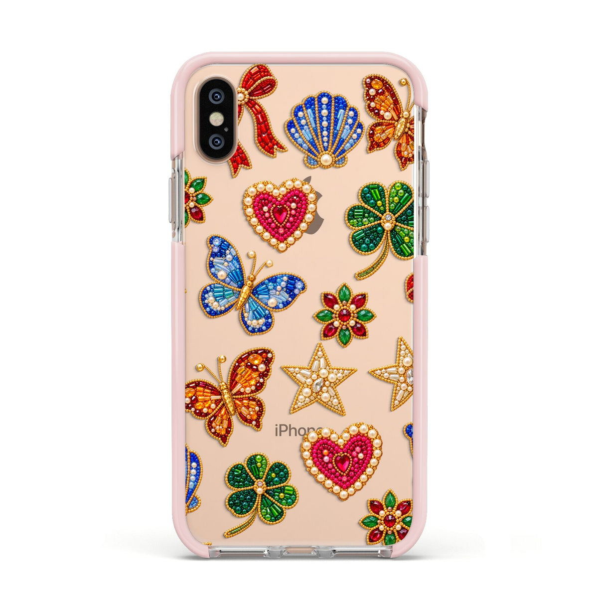 Lucky Keepsakes Beaded Charm Apple iPhone Xs Impact Case Pink Edge on Gold Phone