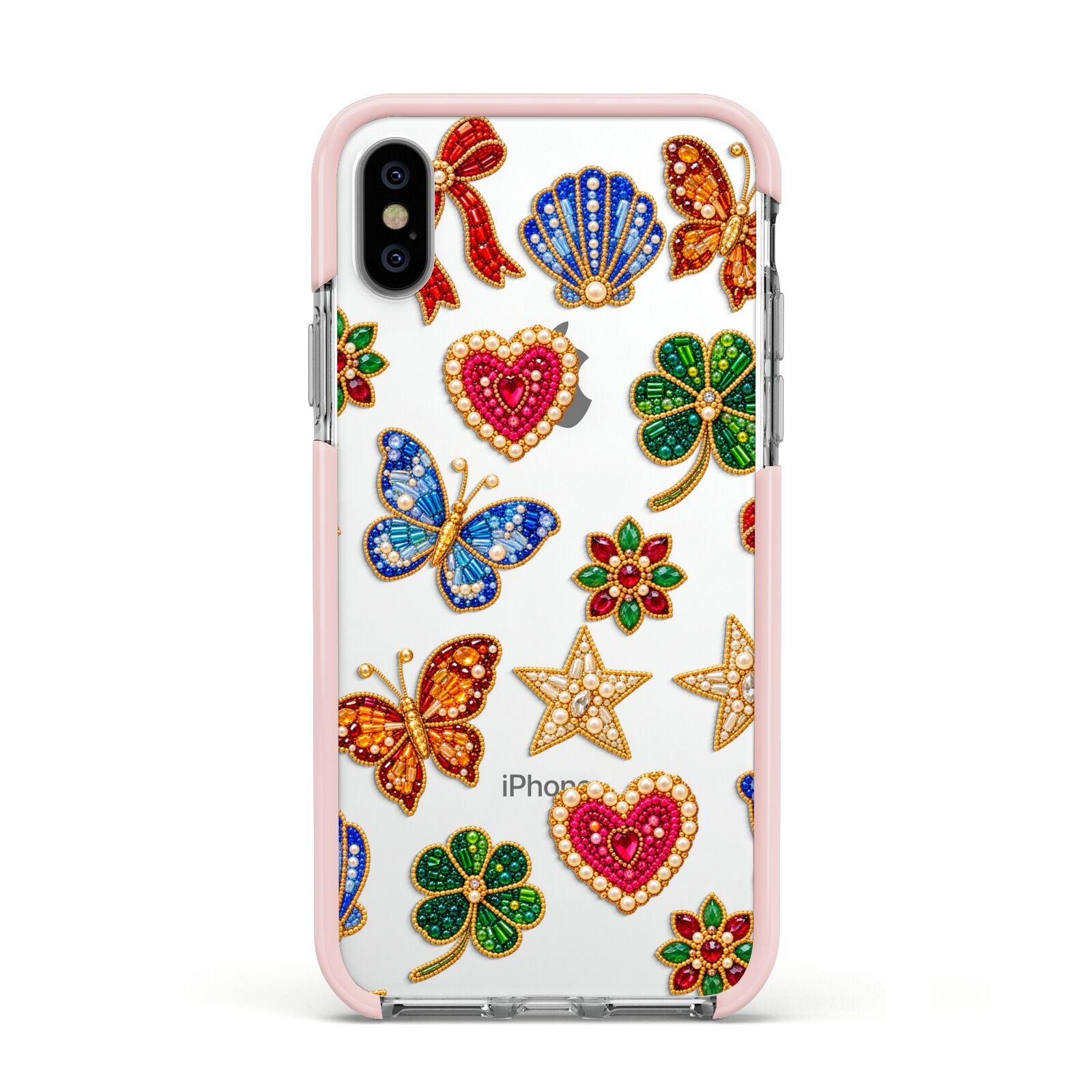 Lucky Keepsakes Beaded Charm Apple iPhone Xs Impact Case Pink Edge on Silver Phone