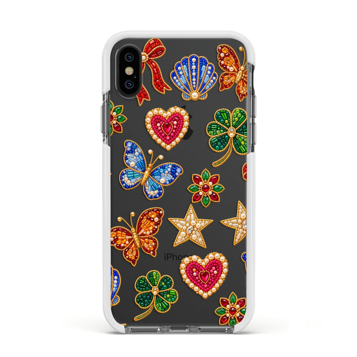 Lucky Keepsakes Beaded Charm Apple iPhone Xs Impact Case White Edge on Black Phone