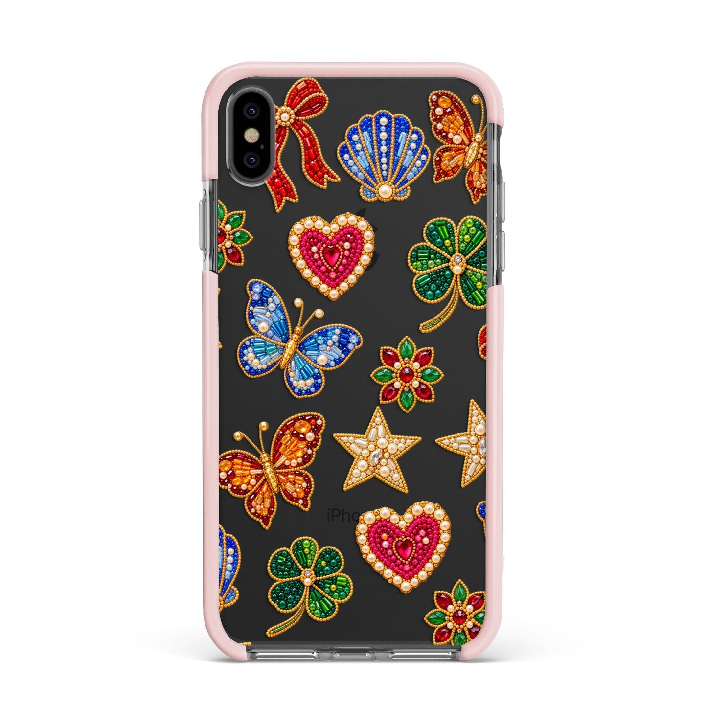 Lucky Keepsakes Beaded Charm Apple iPhone Xs Max Impact Case Pink Edge on Black Phone