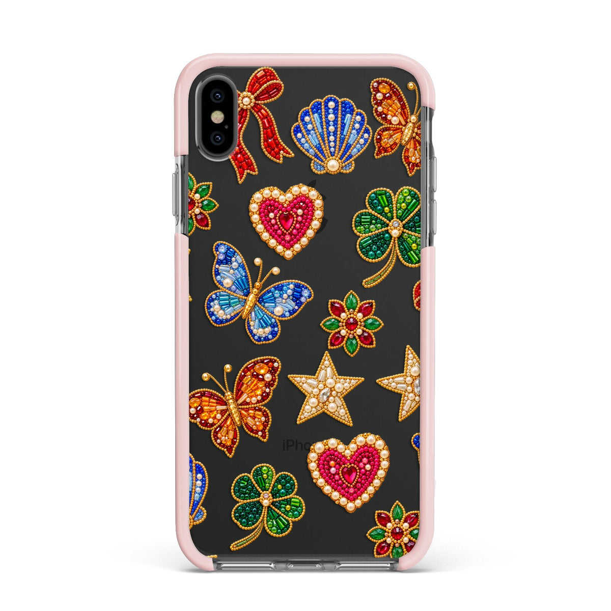 Lucky Keepsakes Beaded Charm Apple iPhone Xs Max Impact Case Pink Edge on Black Phone