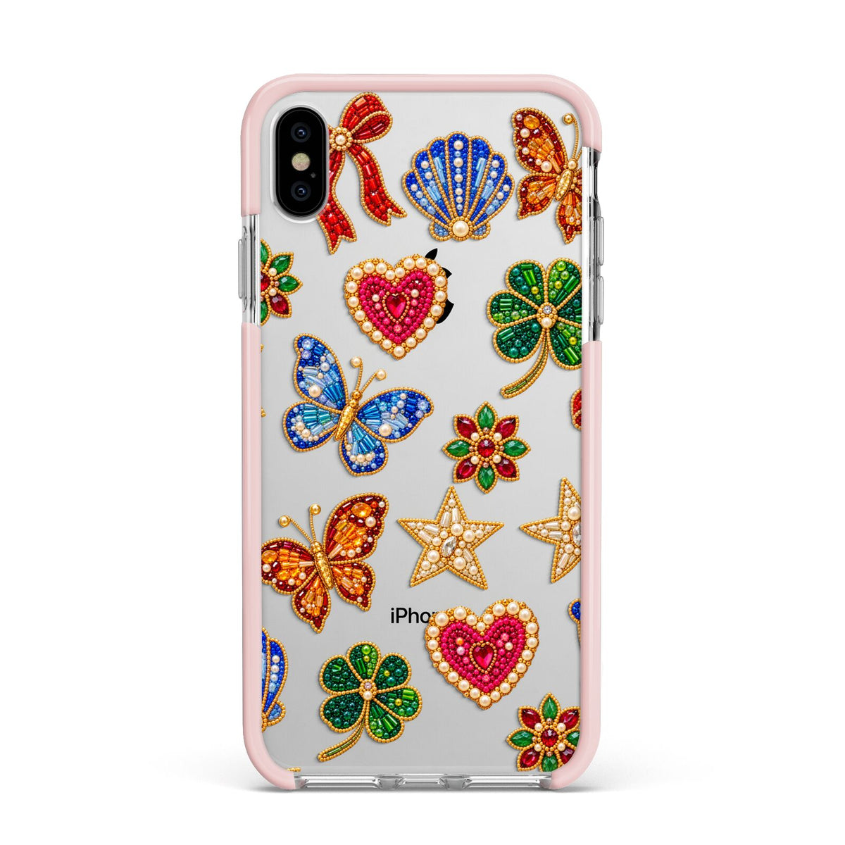 Lucky Keepsakes Beaded Charm Apple iPhone Xs Max Impact Case Pink Edge on Silver Phone