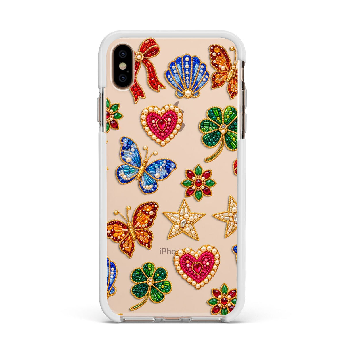 Lucky Keepsakes Beaded Charm Apple iPhone Xs Max Impact Case White Edge on Gold Phone