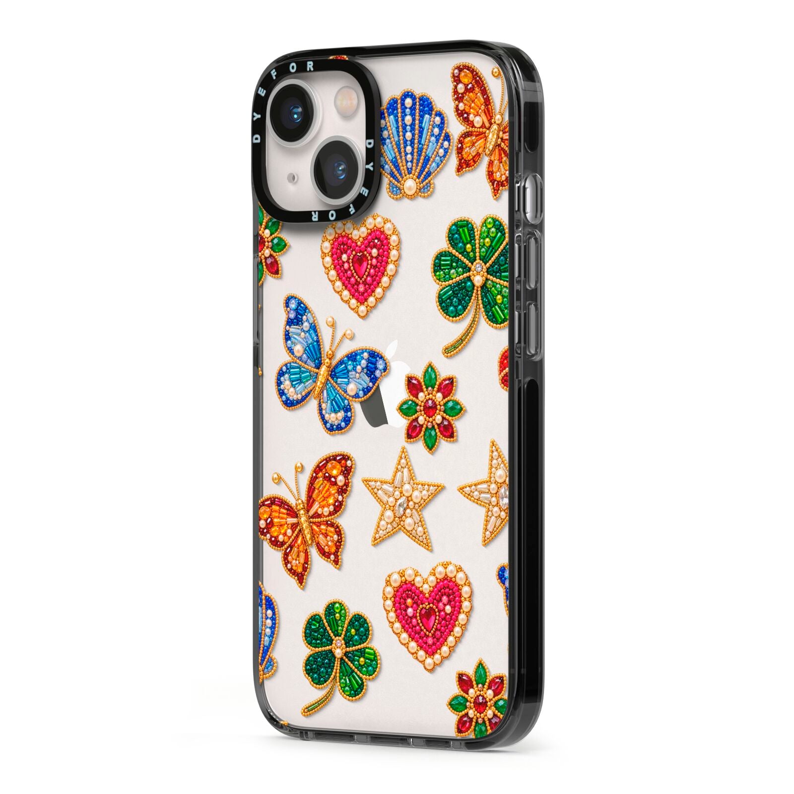 Lucky Keepsakes Beaded Charm iPhone 13 Black Impact Case Side Angle on Silver phone
