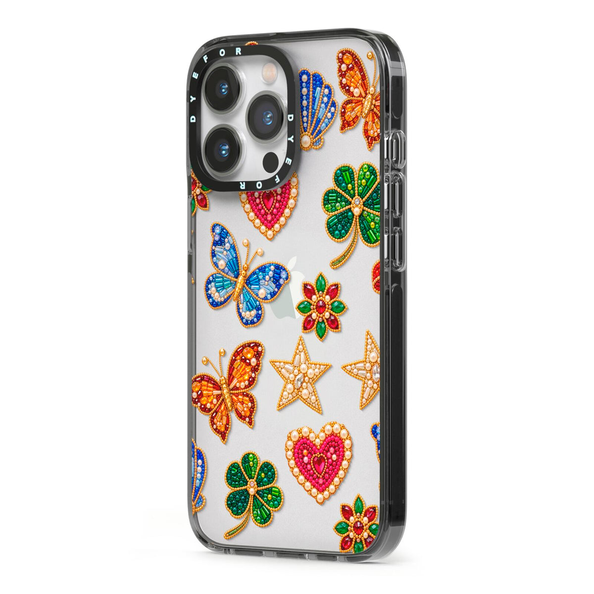 Lucky Keepsakes Beaded Charm iPhone 13 Pro Black Impact Case Side Angle on Silver phone