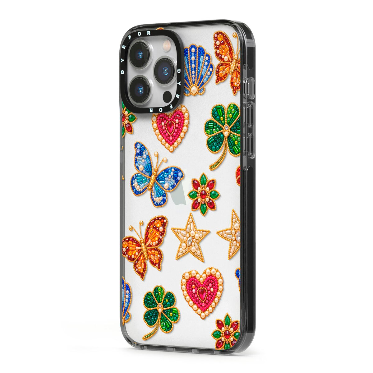 Lucky Keepsakes Beaded Charm iPhone 13 Pro Max Black Impact Case Side Angle on Silver phone