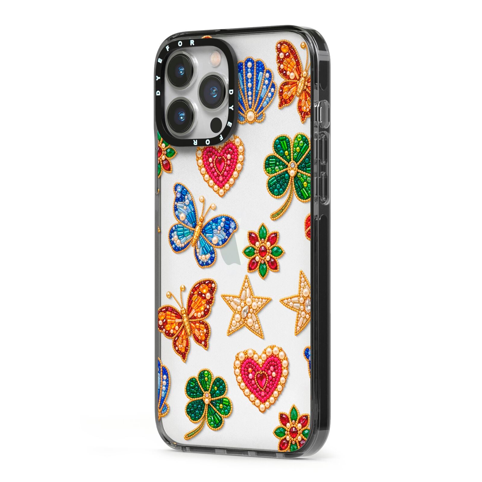 Lucky Keepsakes Beaded Charm iPhone 13 Pro Max Black Impact Case Side Angle on Silver phone