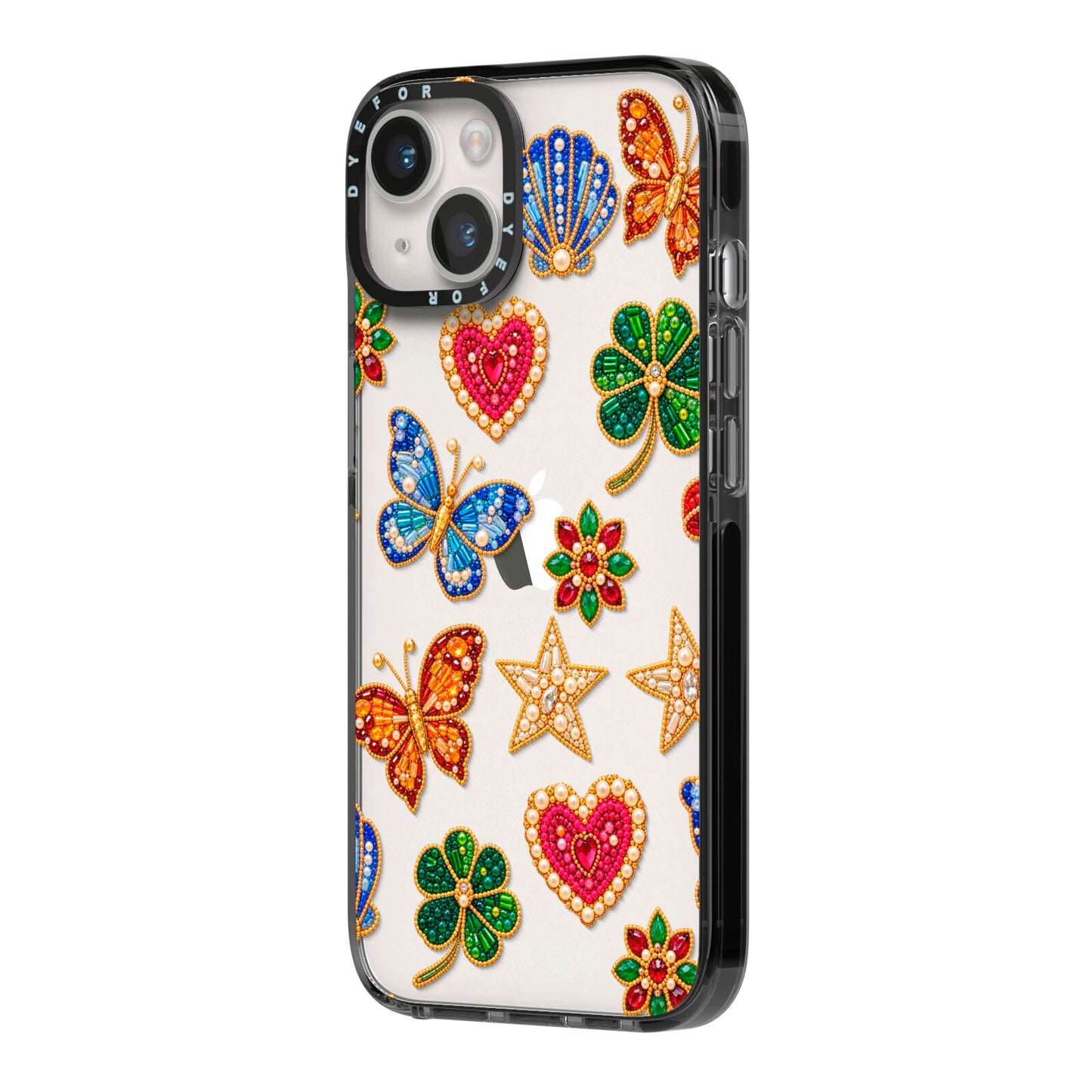 Lucky Keepsakes Beaded Charm iPhone 14 Black Impact Case Side Angle on Silver phone