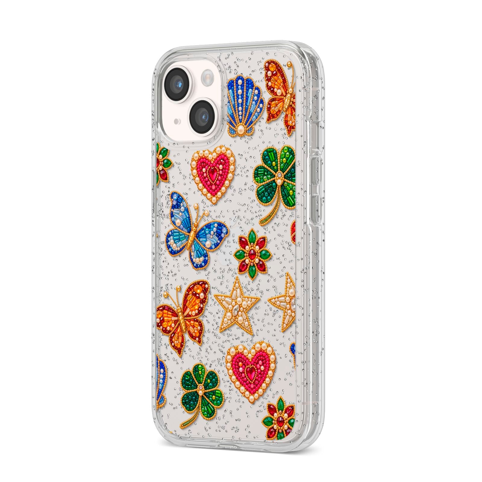 Lucky Keepsakes Beaded Charm iPhone 14 Glitter Tough Case Starlight Angled Image