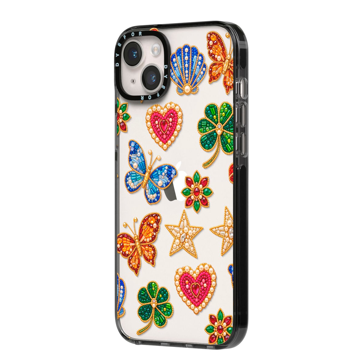 Lucky Keepsakes Beaded Charm iPhone 14 Plus Black Impact Case Side Angle on Silver phone