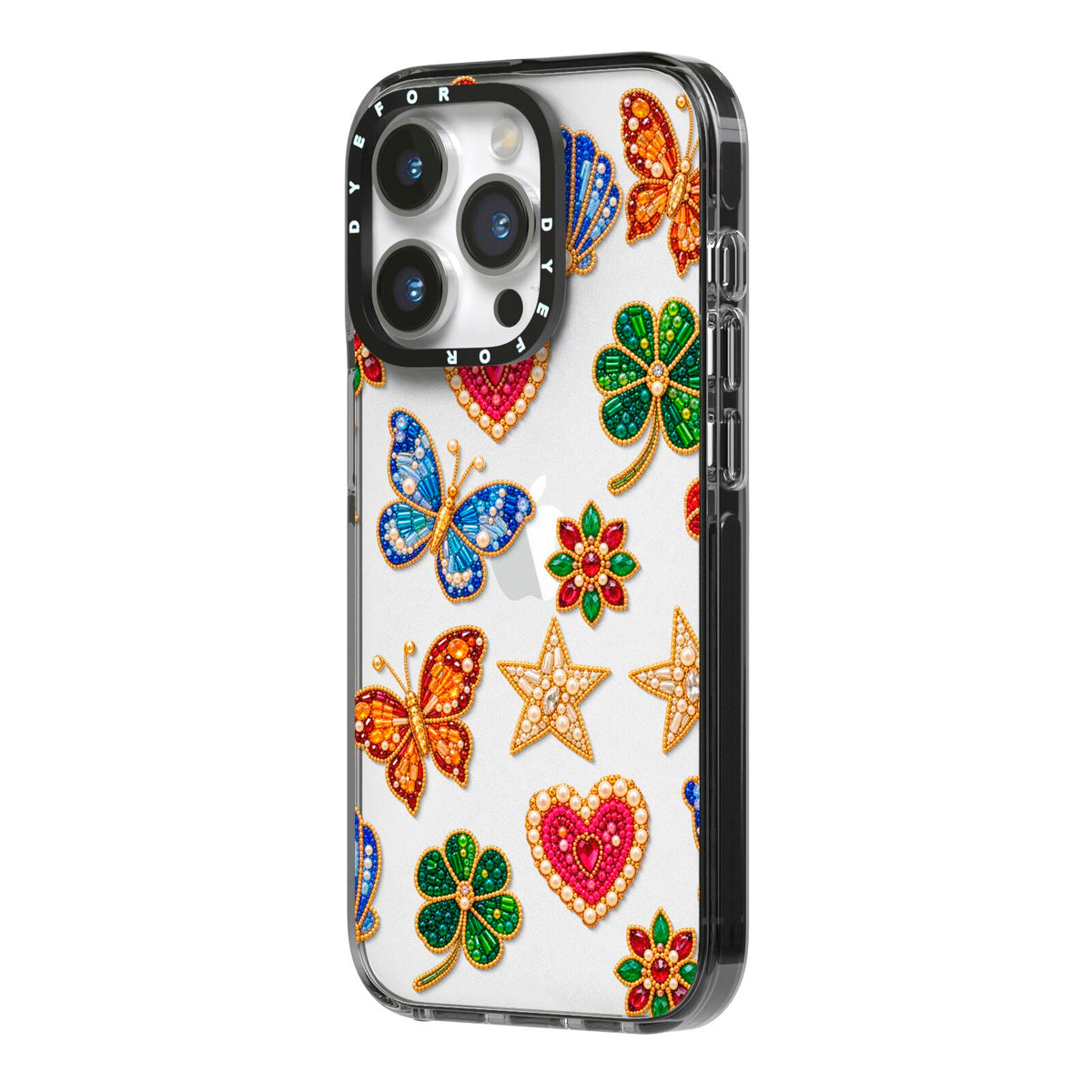 Lucky Keepsakes Beaded Charm iPhone 14 Pro Black Impact Case Side Angle on Silver phone