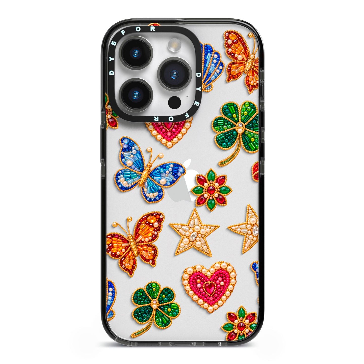 Lucky Keepsakes Beaded Charm iPhone 14 Pro Black Impact Case on Silver phone