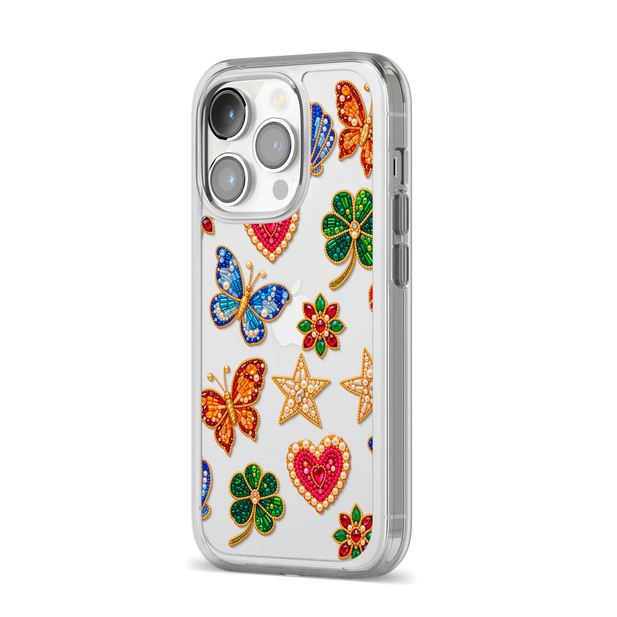 Lucky Keepsakes Beaded Charm iPhone 14 Pro Clear Tough Case Silver Angled Image