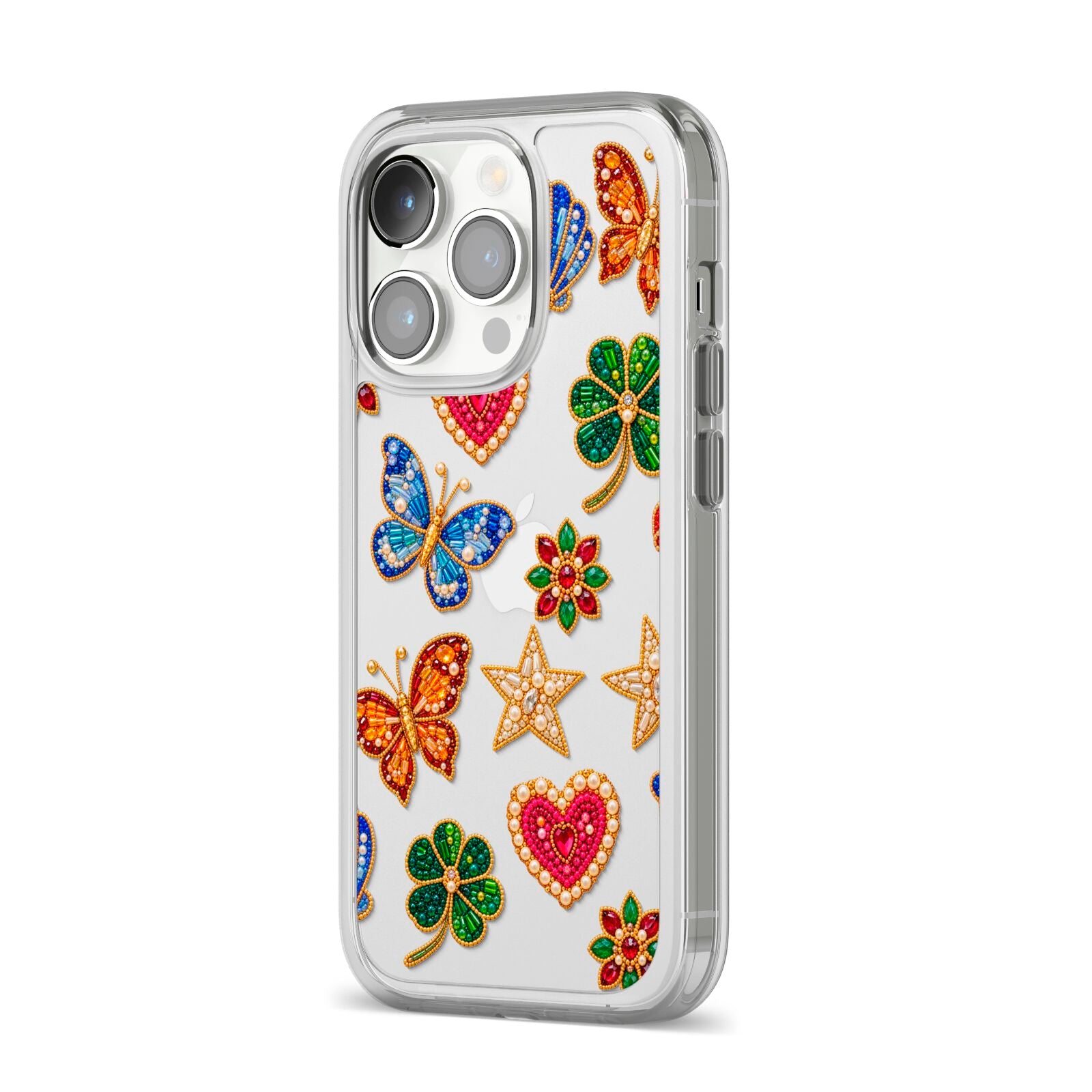 Lucky Keepsakes Beaded Charm iPhone 14 Pro Clear Tough Case Silver Angled Image