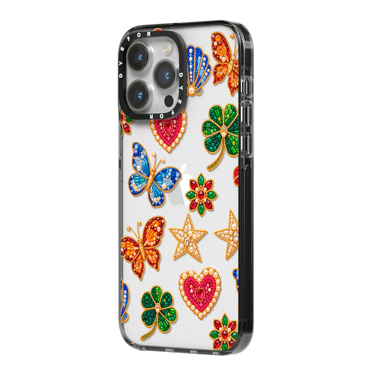 Lucky Keepsakes Beaded Charm iPhone 14 Pro Max Black Impact Case Side Angle on Silver phone