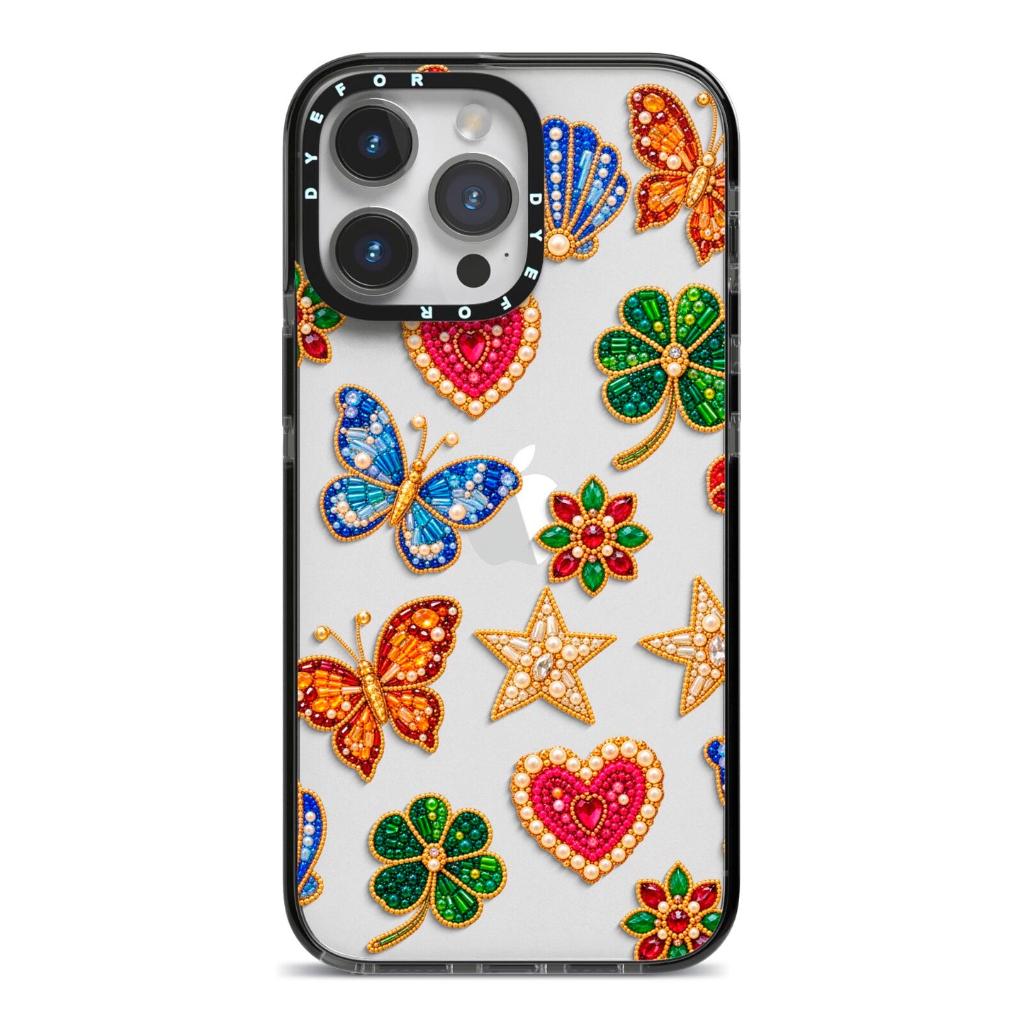 Lucky Keepsakes Beaded Charm iPhone 14 Pro Max Black Impact Case on Silver phone