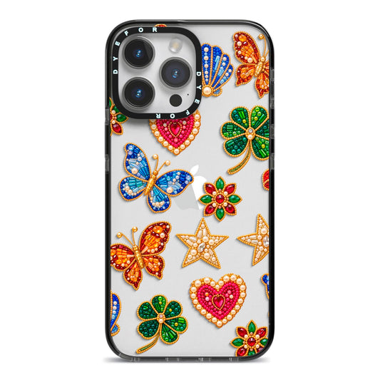 Lucky Keepsakes Beaded Charm iPhone 14 Pro Max Black Impact Case on Silver phone