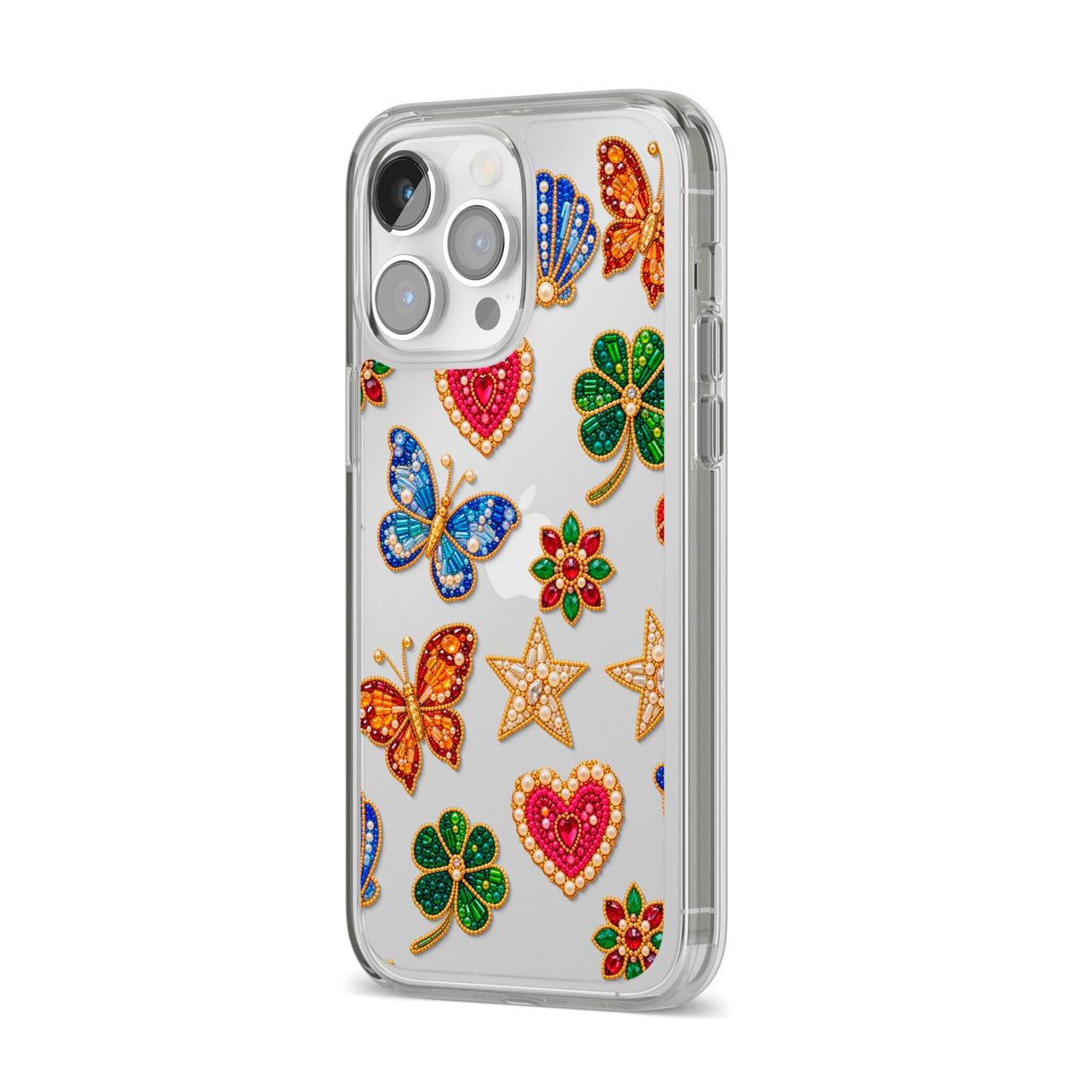 Lucky Keepsakes Beaded Charm iPhone 14 Pro Max Clear Tough Case Silver Angled Image
