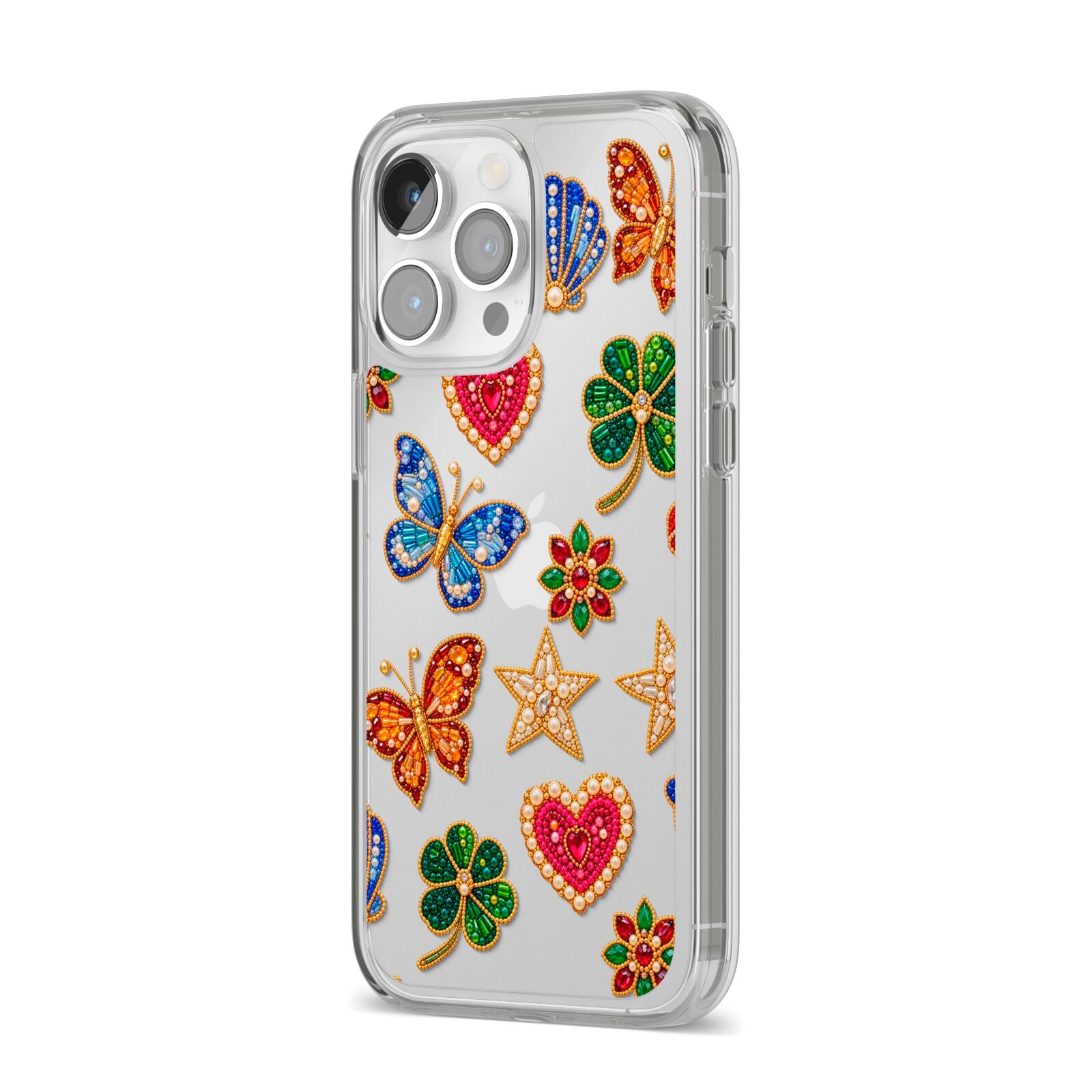 Lucky Keepsakes Beaded Charm iPhone 14 Pro Max Clear Tough Case Silver Angled Image