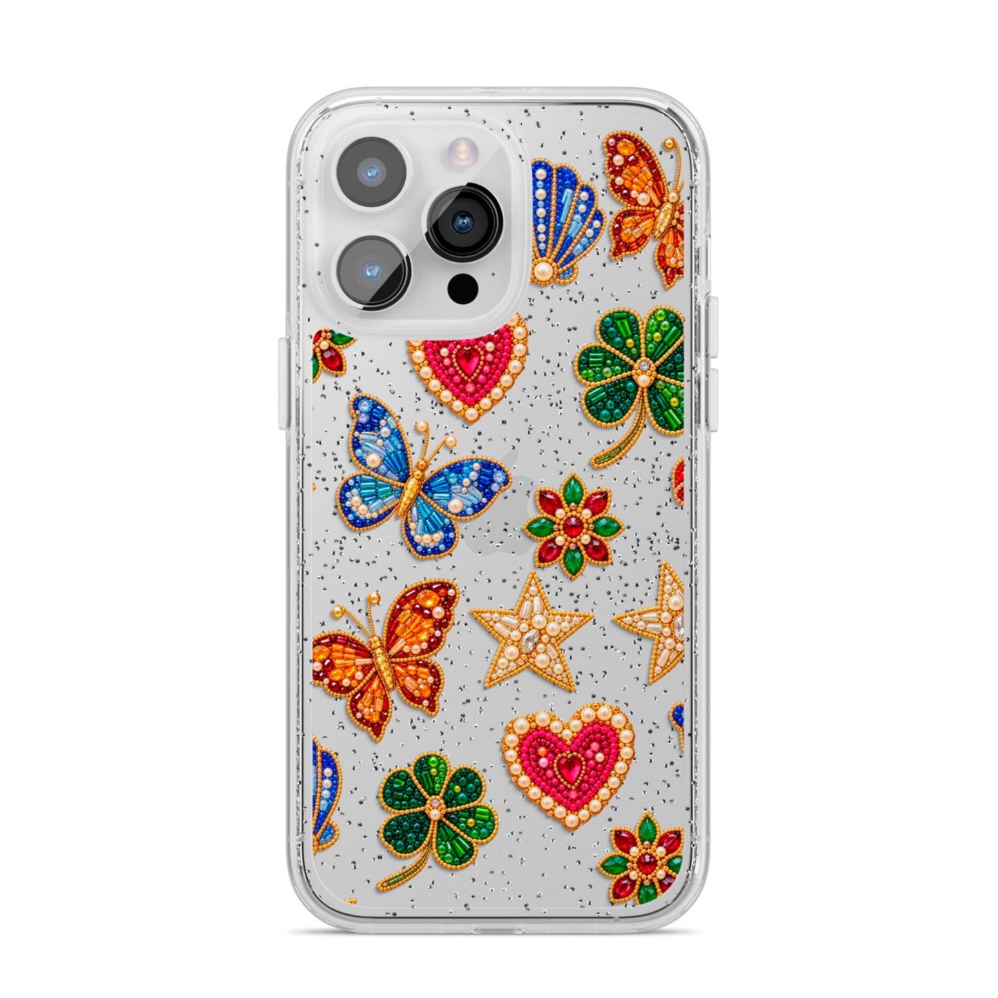 Lucky Keepsakes Beaded Charm iPhone 14 Pro Max Glitter Tough Case Silver