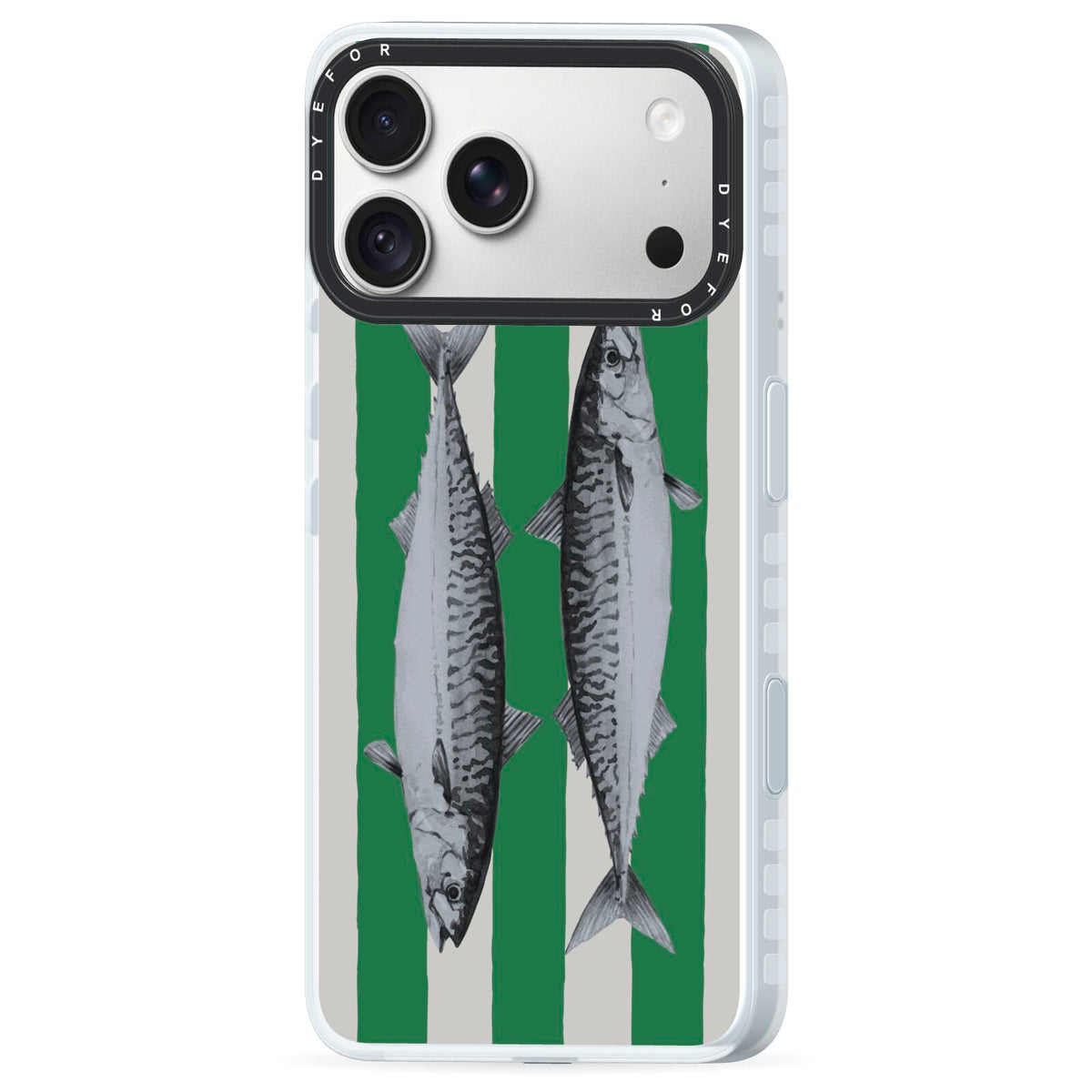 Mackerel Stripe iPhone 18 Pro Black Impact Pre order Case Side Angle on Silver phone