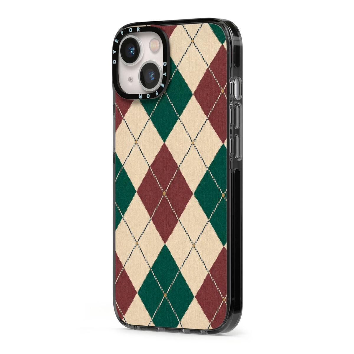 Manor House Argyle iPhone 13 Black Impact Case Side Angle on Silver phone
